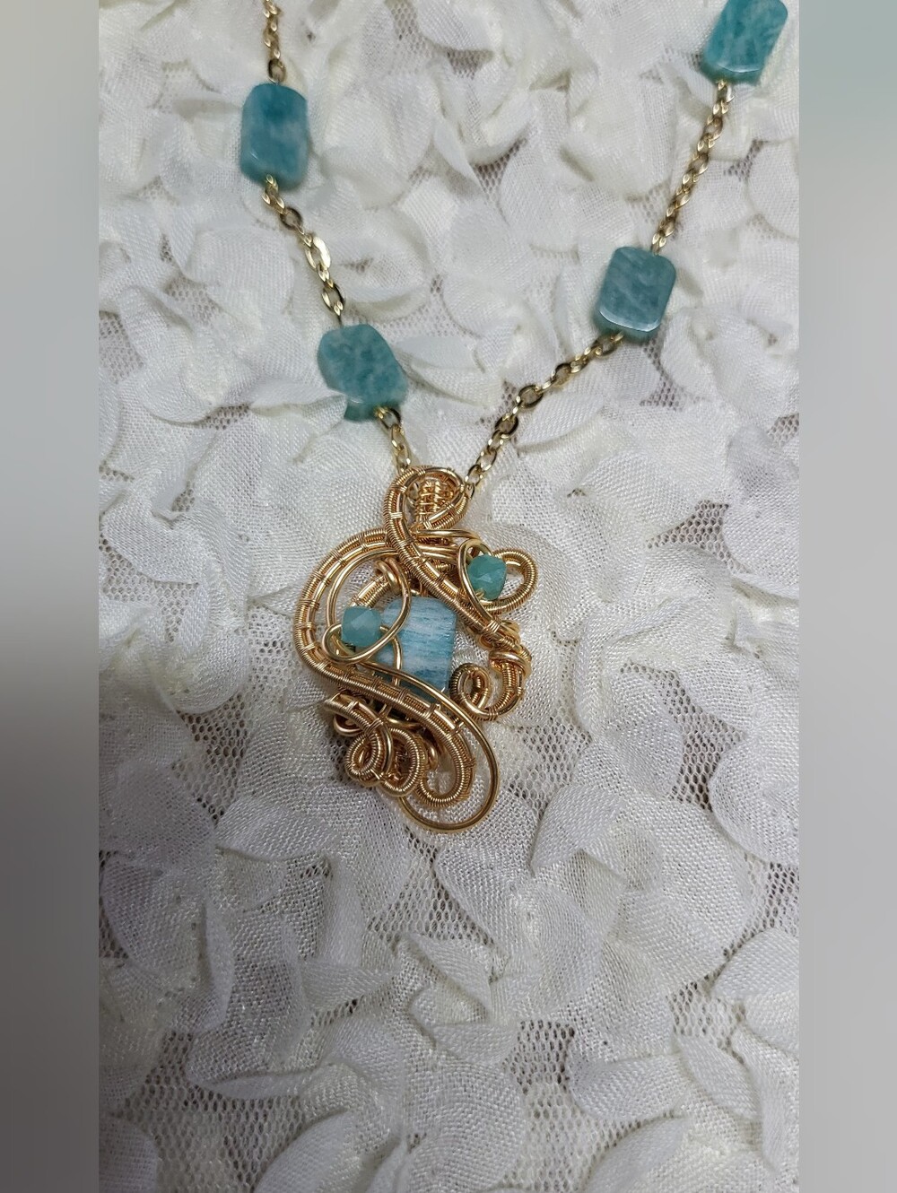 Boho Amazonite Beaded Necklace, Gold Wire Wrapped Gemstone Pendant, Unique Gift